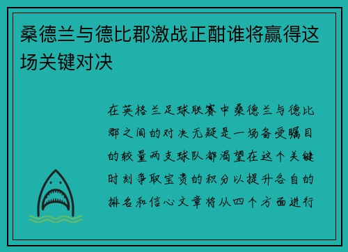 桑德兰与德比郡激战正酣谁将赢得这场关键对决 桑德兰与德比郡激战正酣谁将赢得这场关键对决